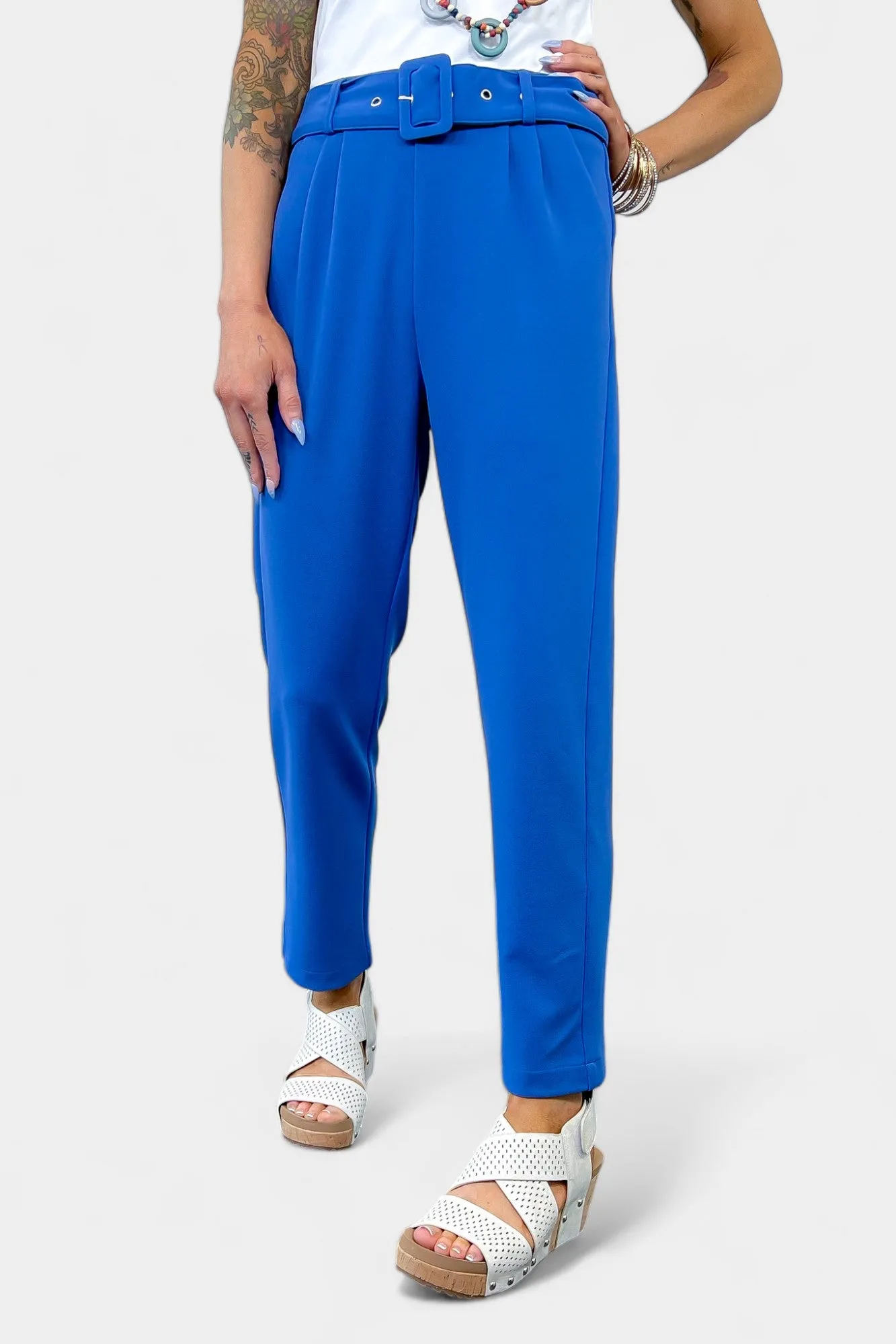 Blue Belted Stretch Pants