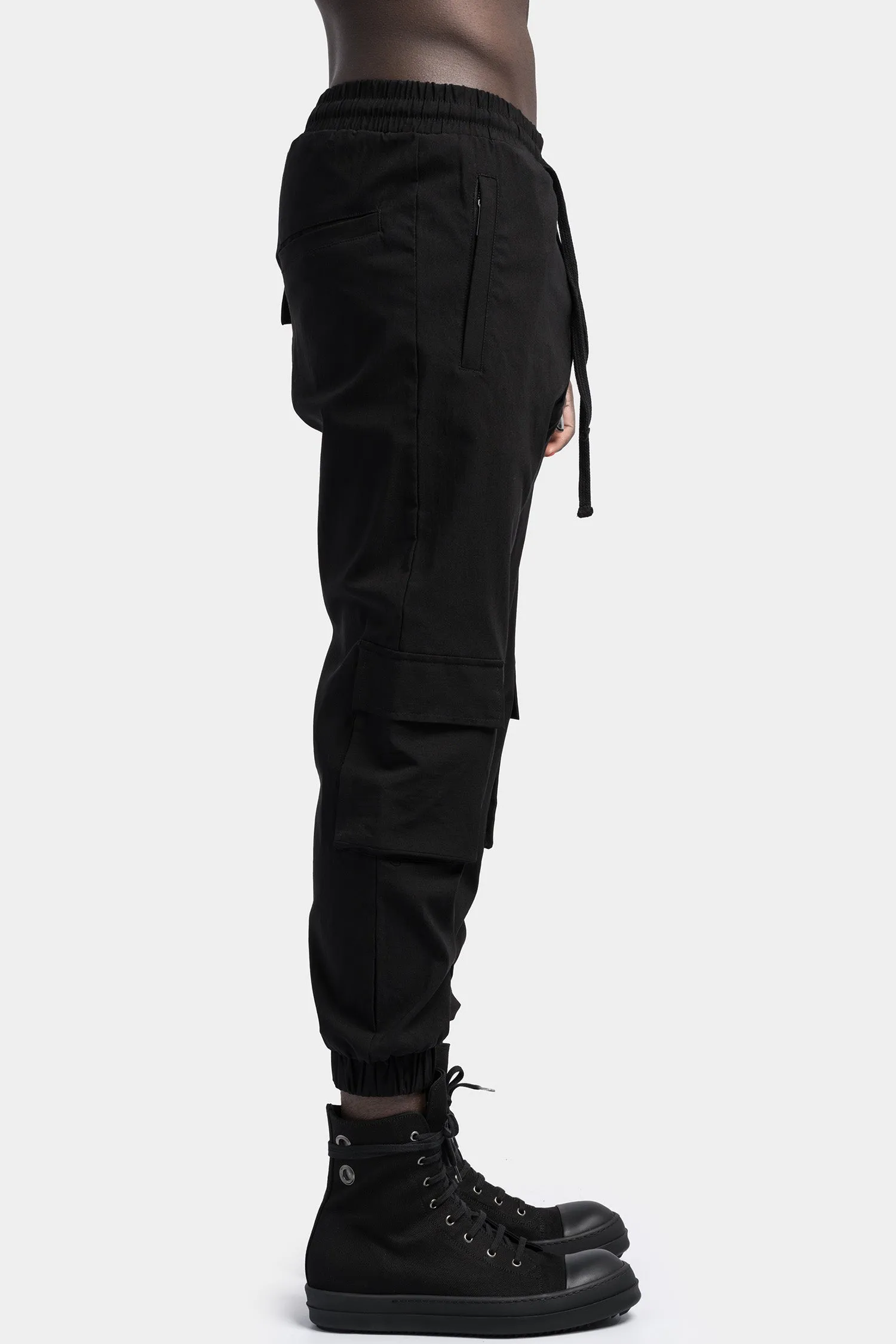 Cargo pocket drawstring pants, Black