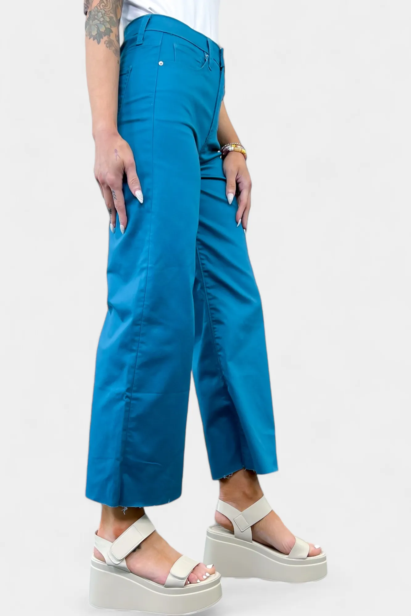 Dusty Teal Flare Cropped Denim Pants