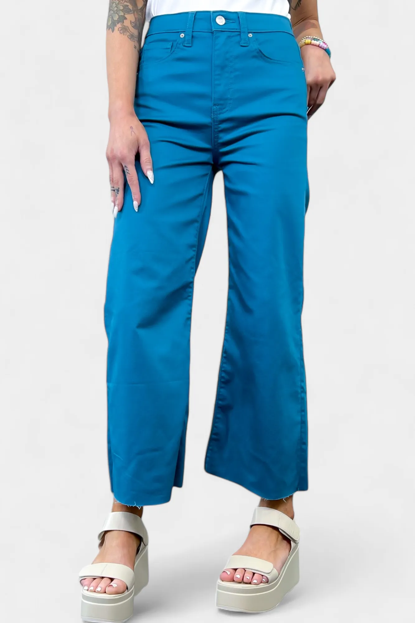 Dusty Teal Flare Cropped Denim Pants