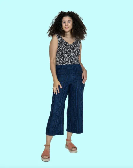 Henri Wide Leg Cropped Trousers in Blue Geo