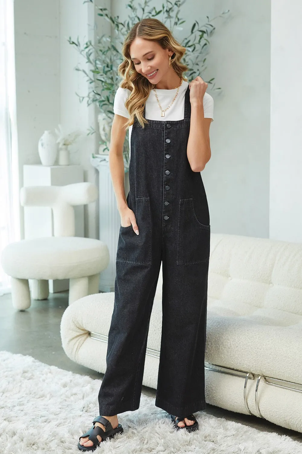 Jenessa Button Down Overalls in Black & Denim