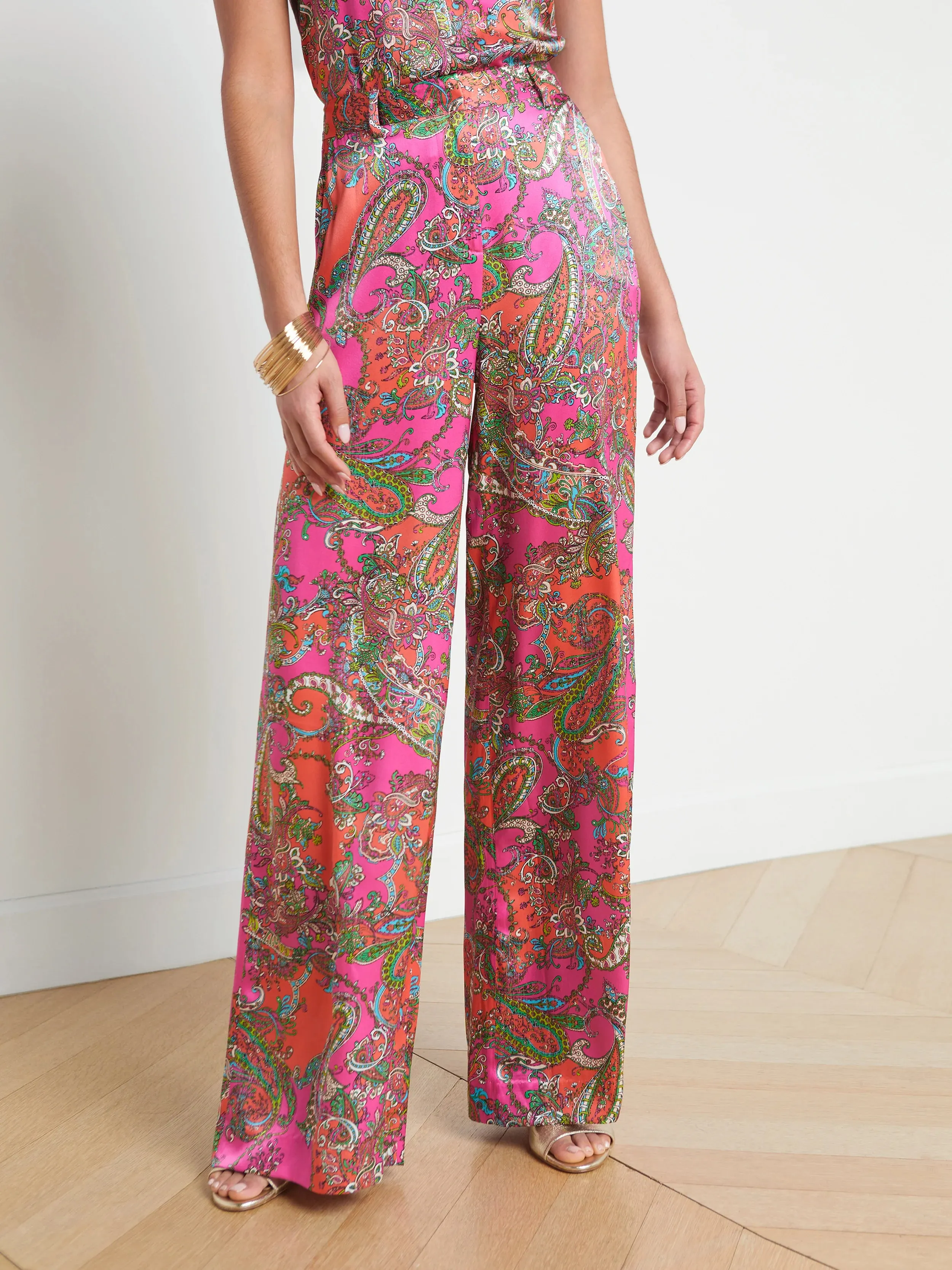 L’agence - Gavin Silk Wide Leg Pant - Rhodamine Multi Bright Pop Paisley