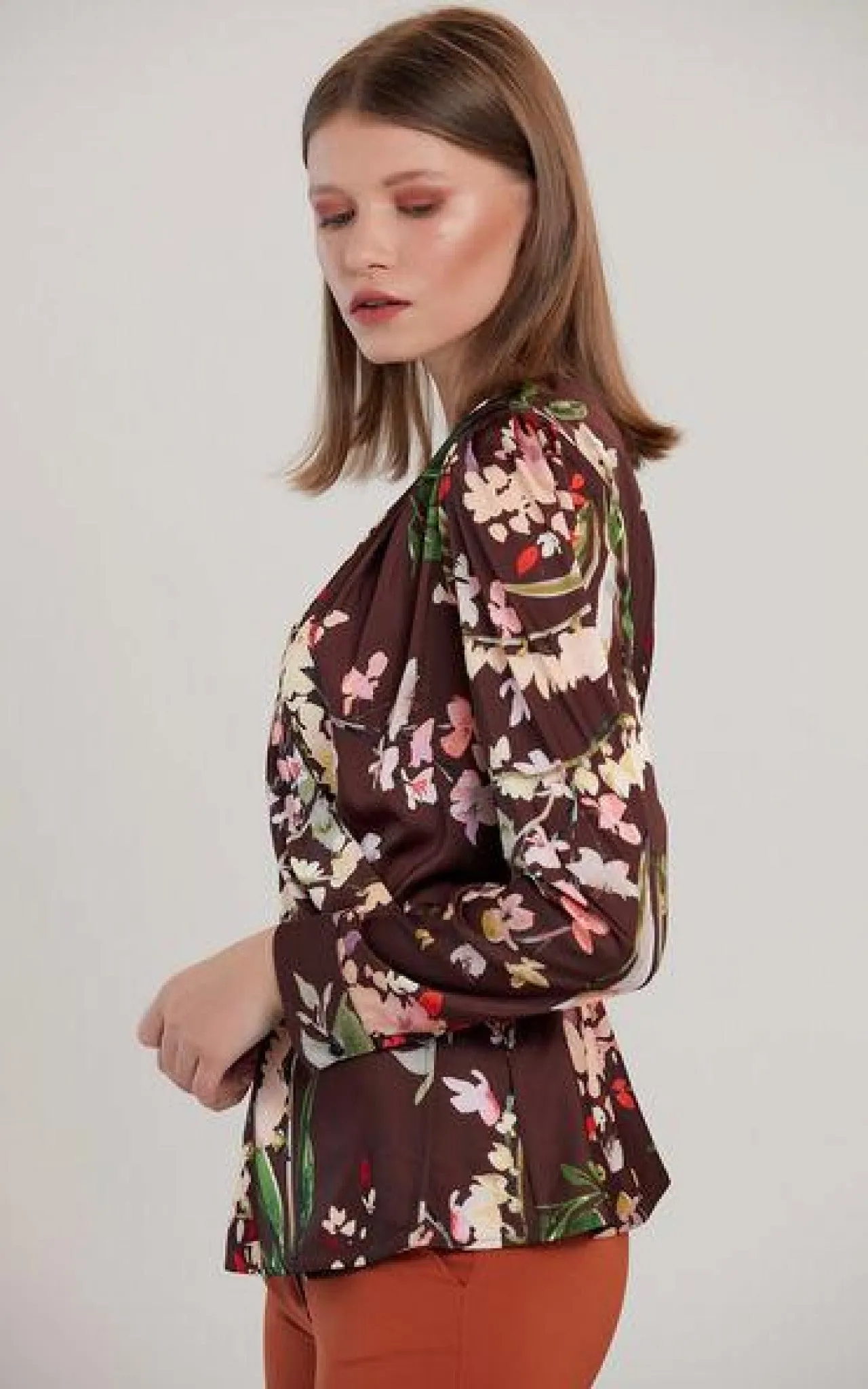 Love And Joy London Peplum Brown Floral Print Top