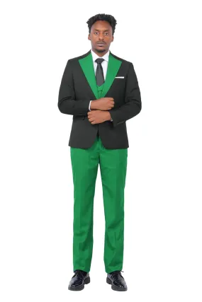 Men's 3-Piece Fashion One Button Color-Blocking Suit Green