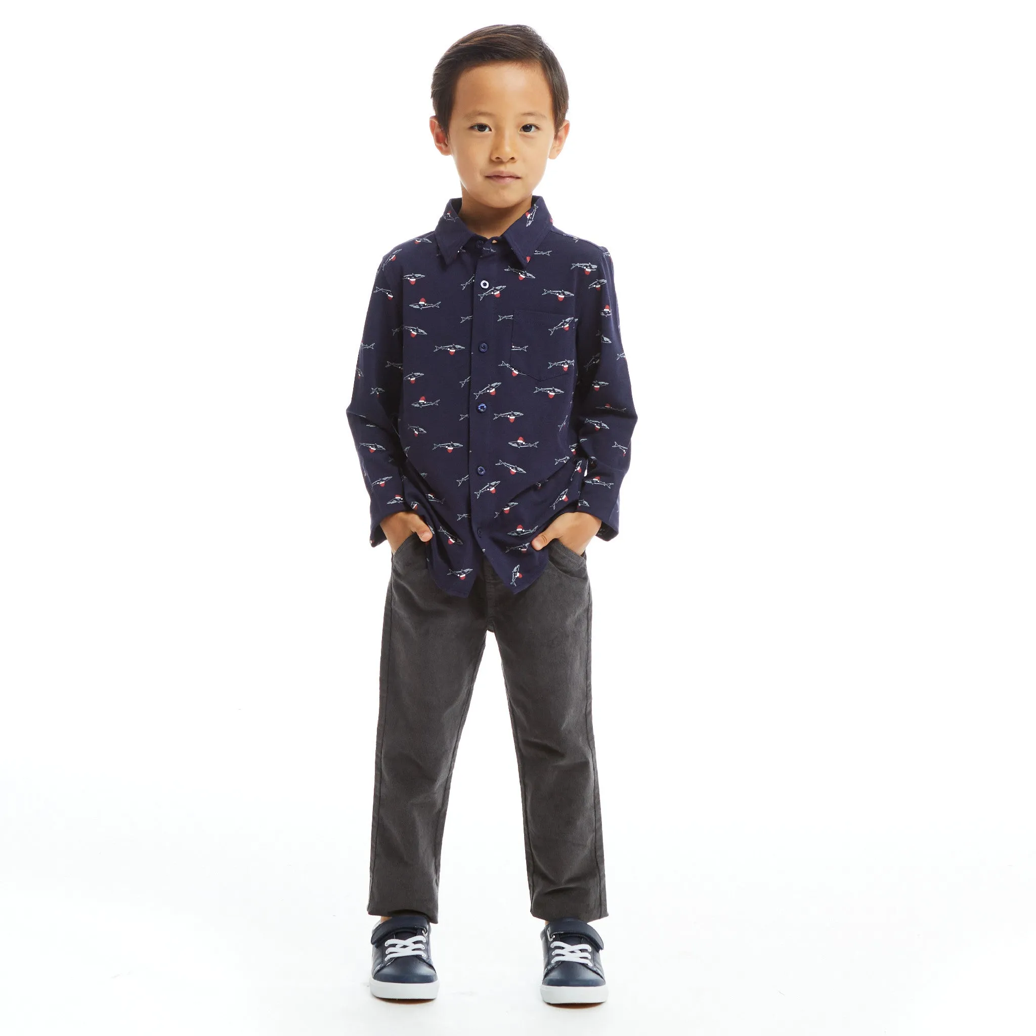 Navy Holiday Sharks Knit Pique Buttondown  | Navy