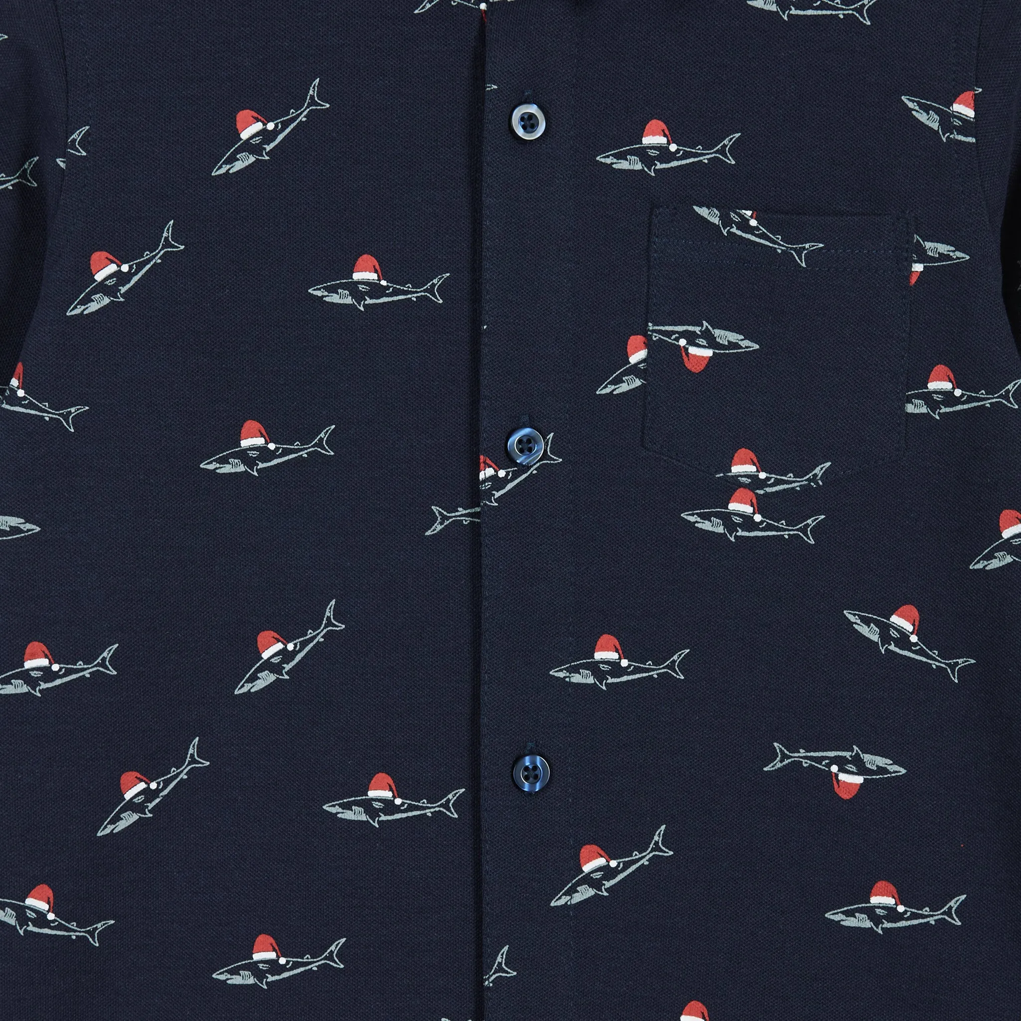 Navy Holiday Sharks Knit Pique Buttondown  | Navy