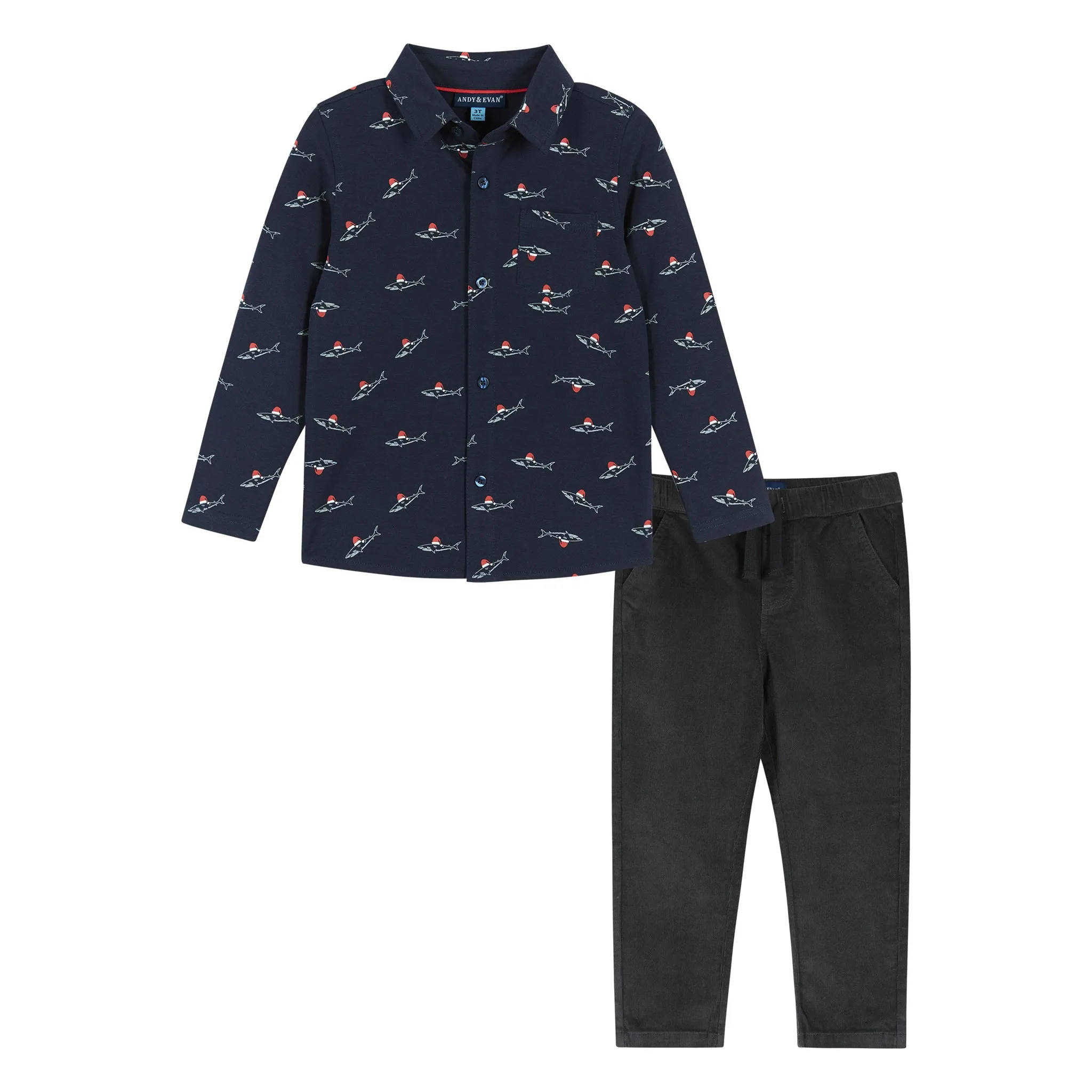 Navy Holiday Sharks Knit Pique Buttondown  | Navy