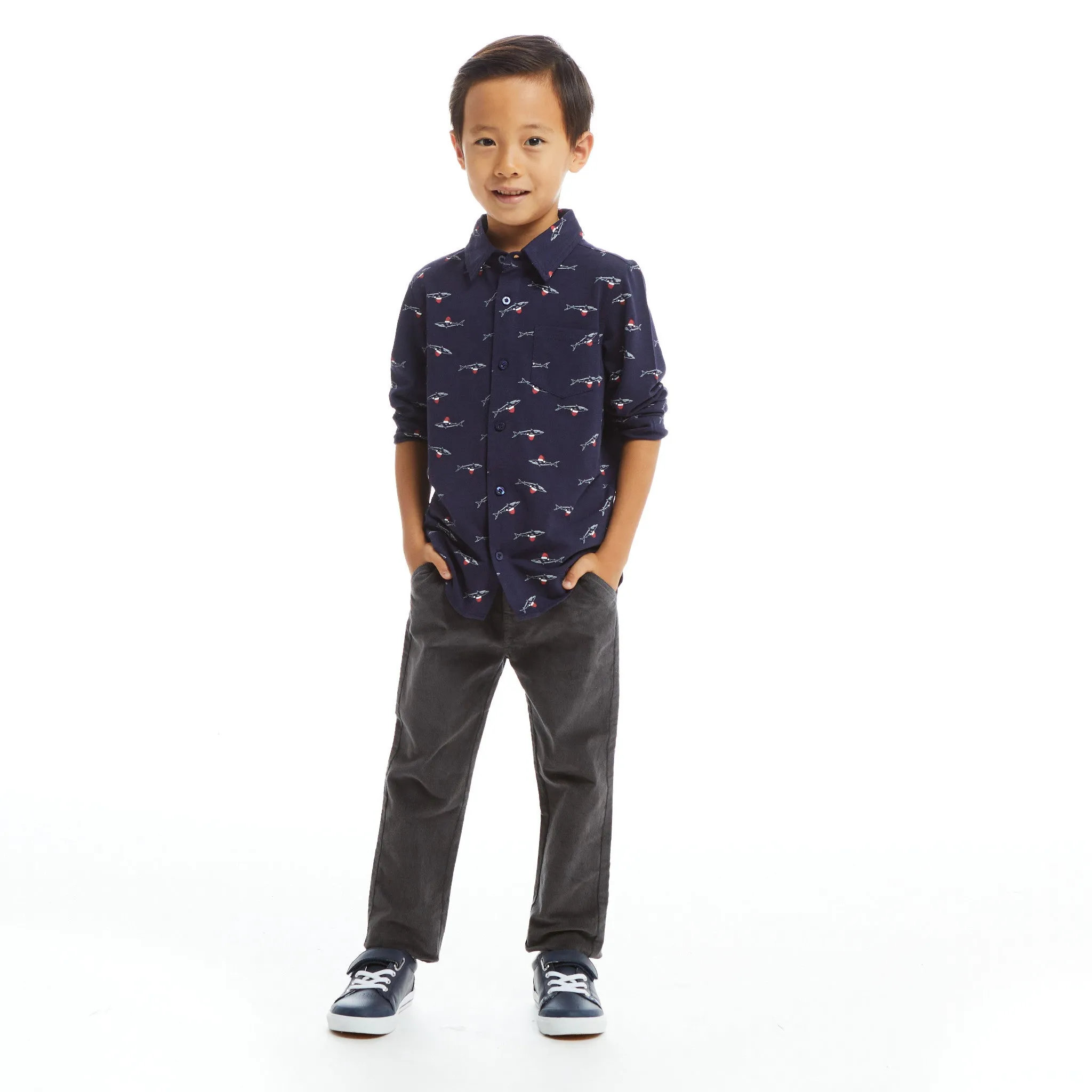 Navy Holiday Sharks Knit Pique Buttondown  | Navy