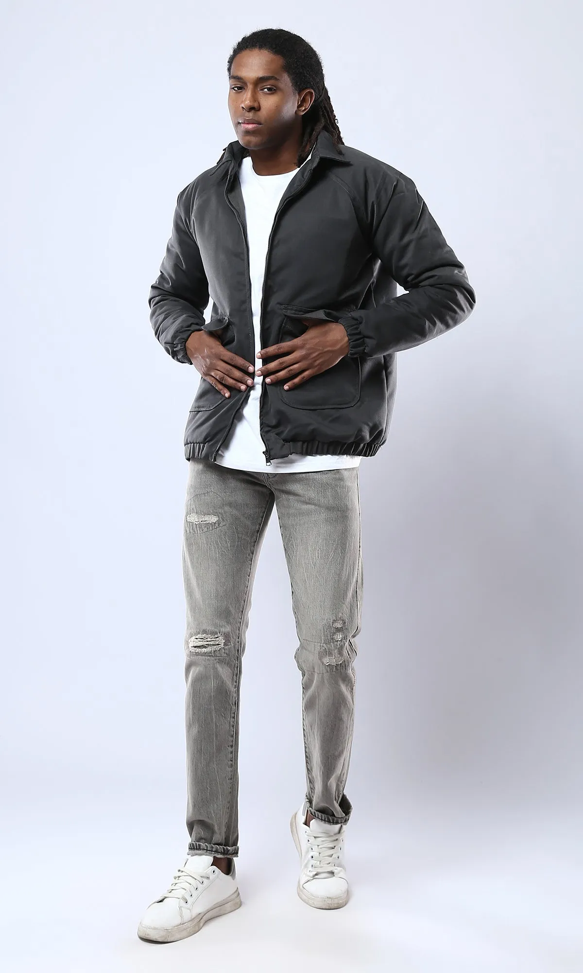 O179621 Light Grey Casual Jeans With Front Ripped