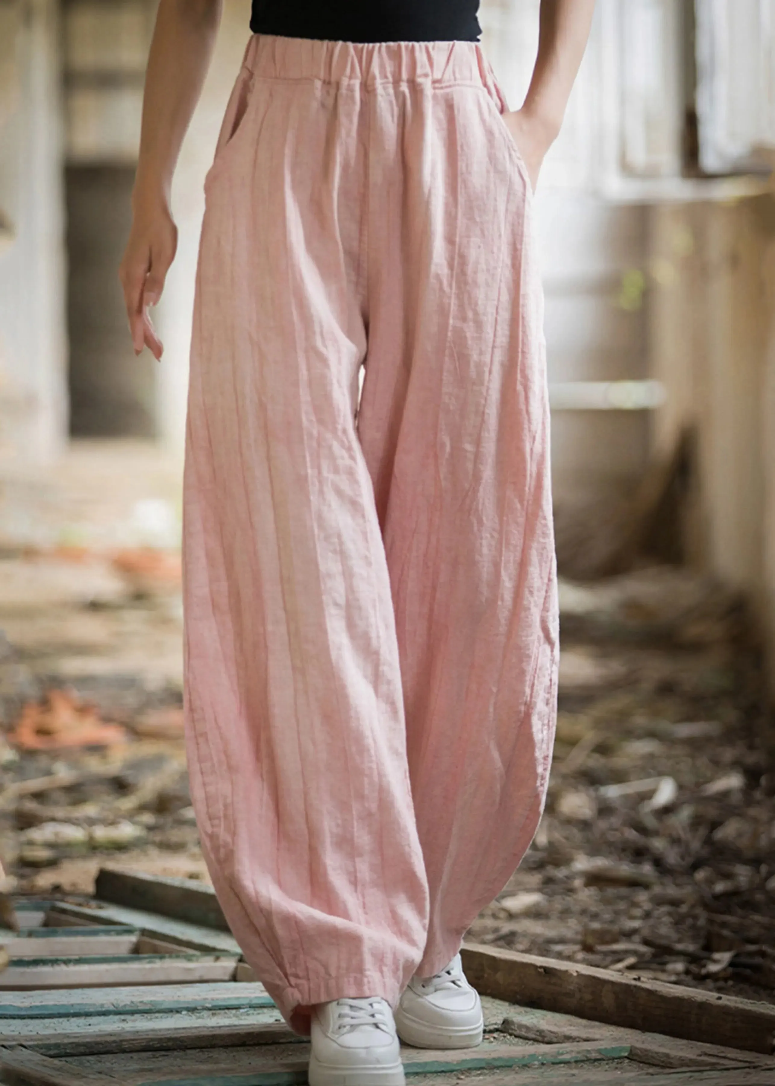 Pink High Waist Linen Wide Leg Pants Pockets CG1049