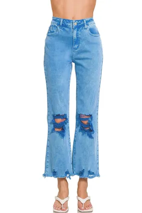 Posey High Waist Destroyed Acid Wash Pants in Ocean Blue