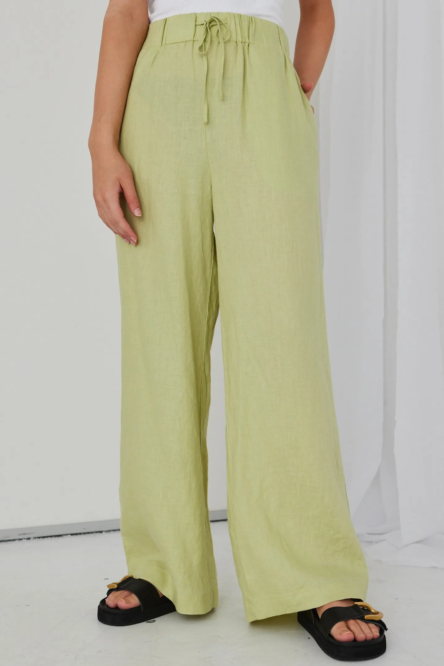 Resort Pistachio Linen Elastic Waist Wide Leg Drawstring Pant