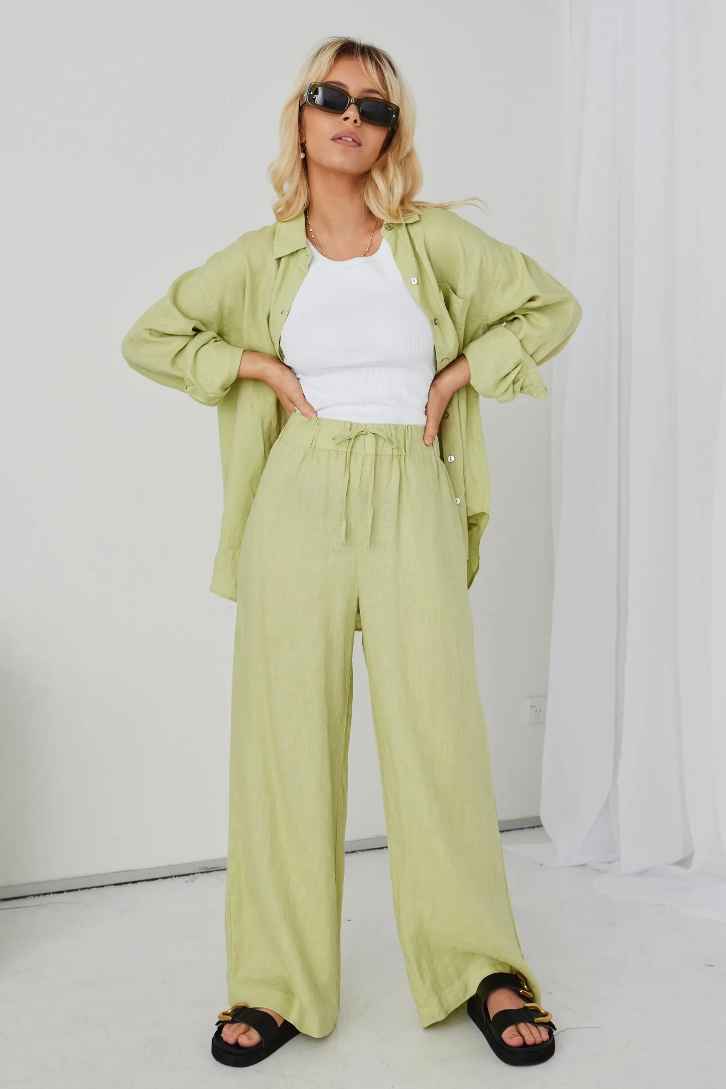 Resort Pistachio Linen Elastic Waist Wide Leg Drawstring Pant