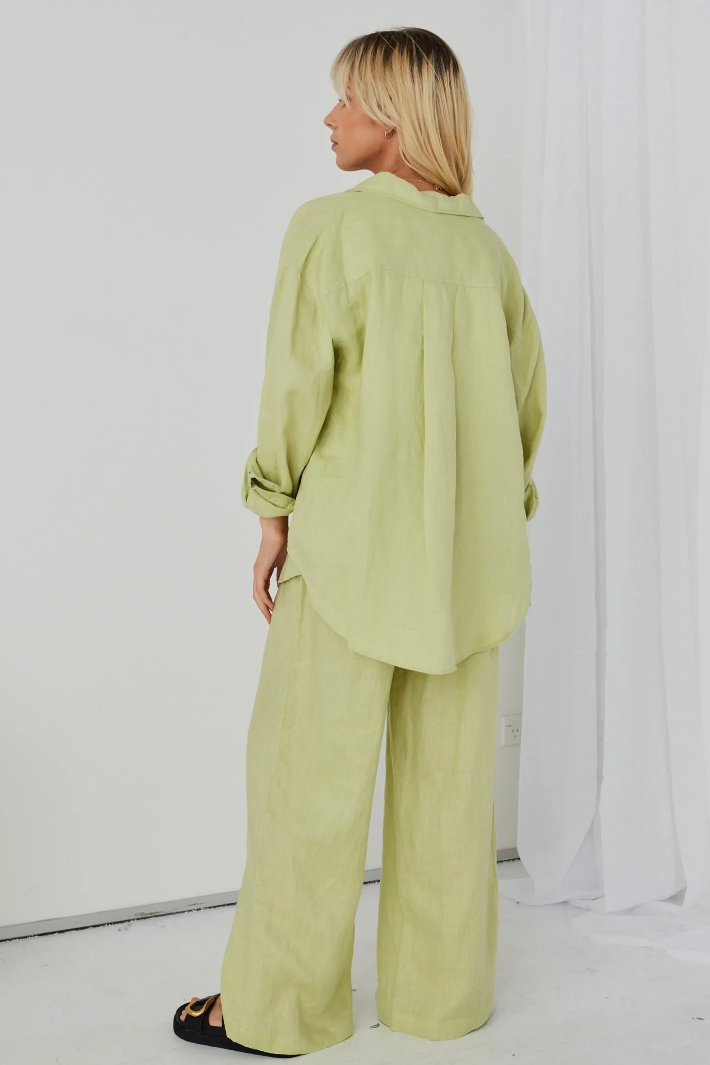 Resort Pistachio Linen Elastic Waist Wide Leg Drawstring Pant