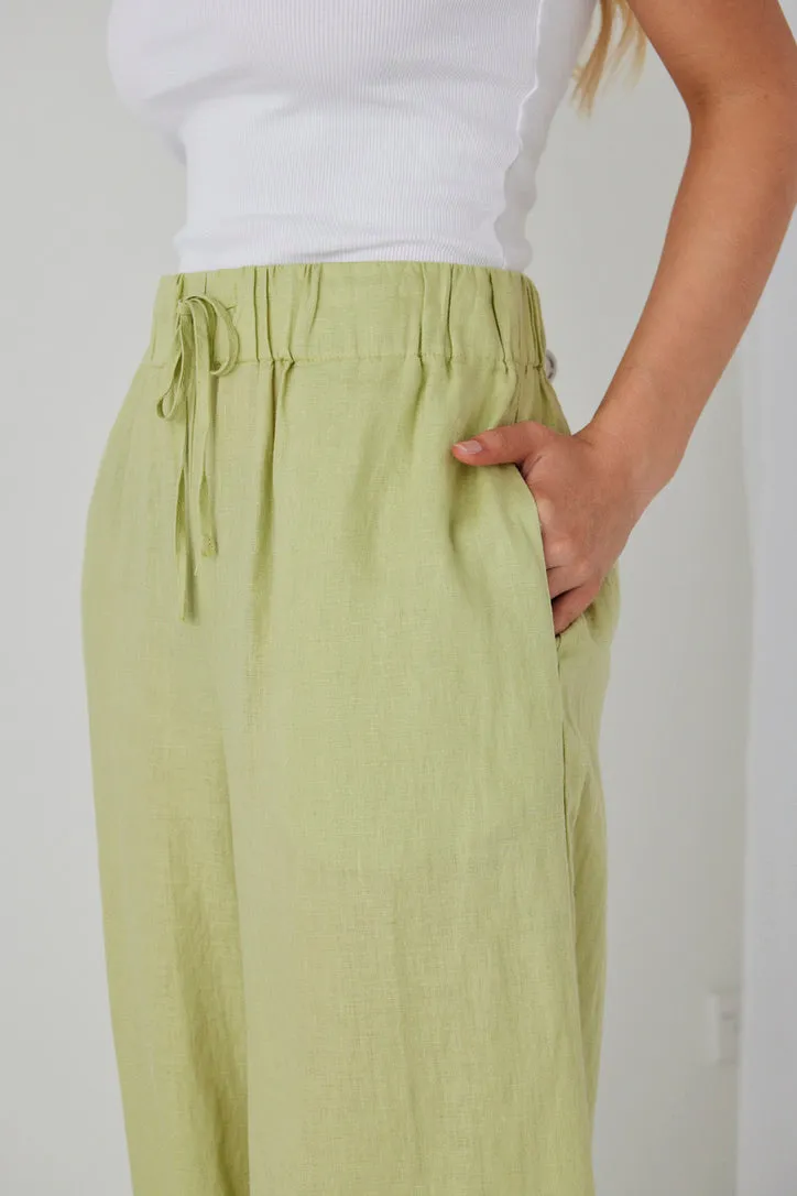 Resort Pistachio Linen Elastic Waist Wide Leg Drawstring Pant