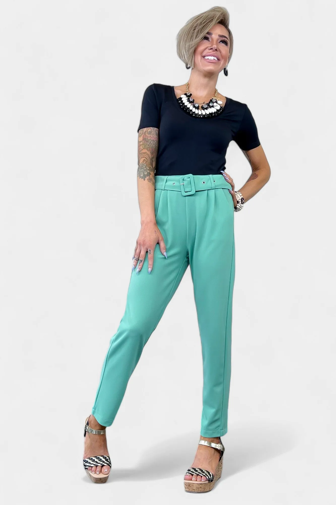 Sage Belted Stretch Pants