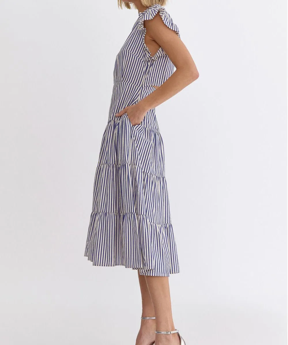 Stripe V-Neck Midi Dress - Blue - FINAL SALE