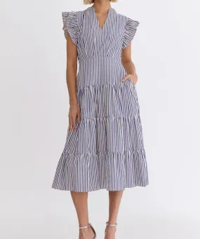 Stripe V-Neck Midi Dress - Blue - FINAL SALE