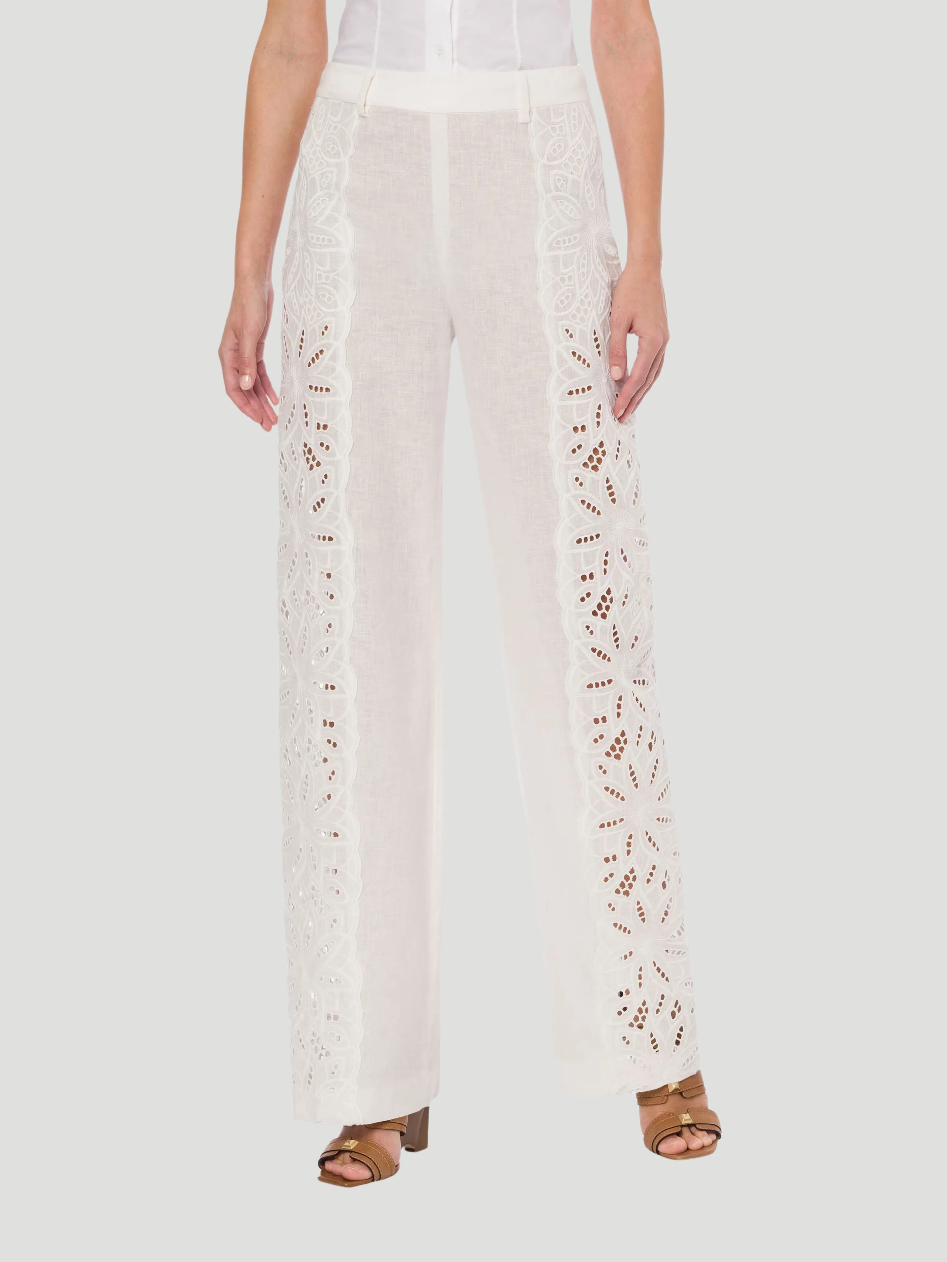 White Embroidered Straight Leg Pant